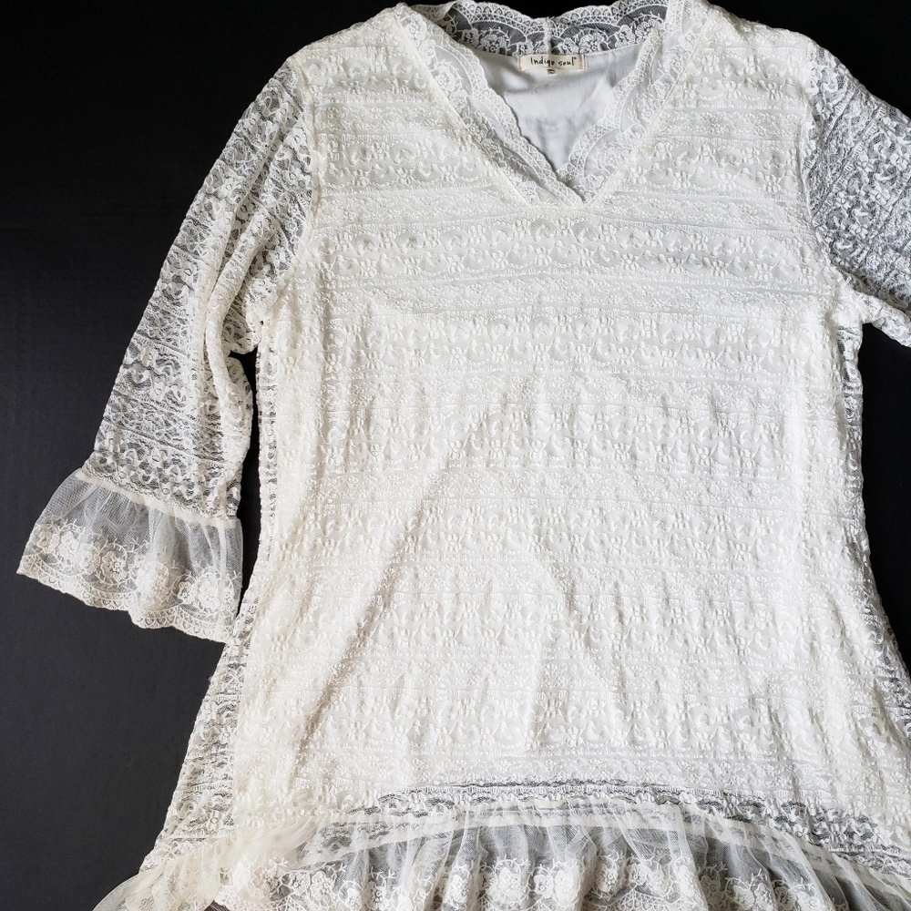 Indigo Soul 2XL Cream Lace Ruffle Top Tunic
